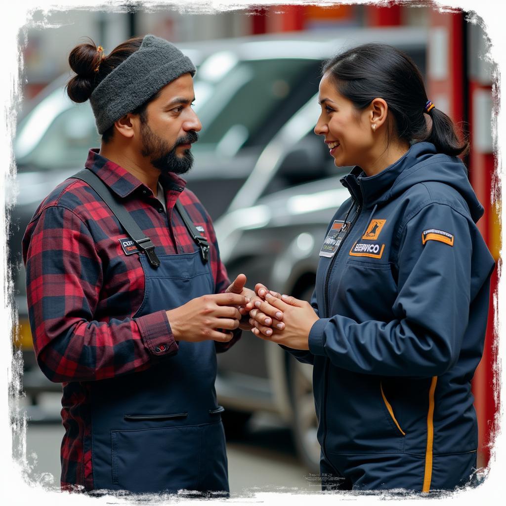 1st Nations Auto Mechanic Discussing Service Options with a Customer