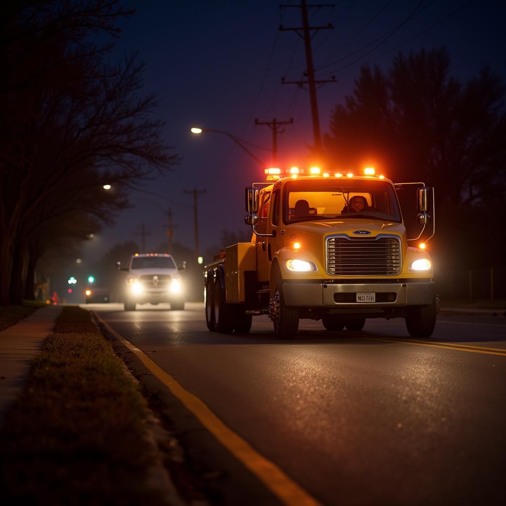 Tow truck arriving at night to assist a stranded driver in Oklahoma City