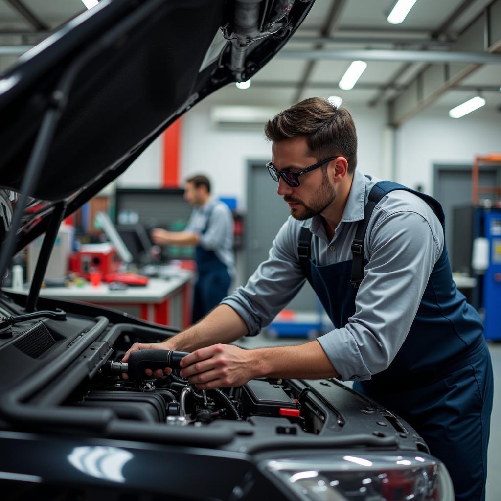 Certified technician working on a car engine in a 2a auto service shop