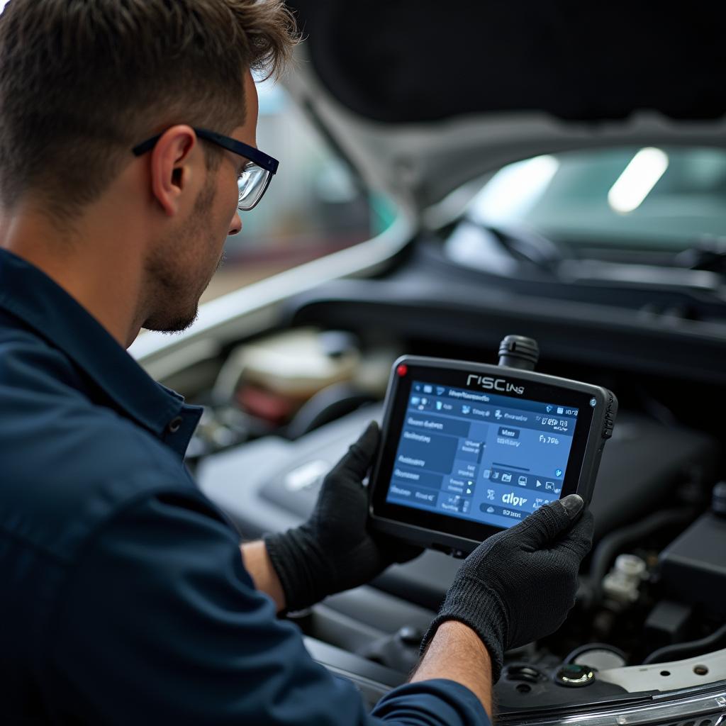 Mechanic using a diagnostic tool on a car engine