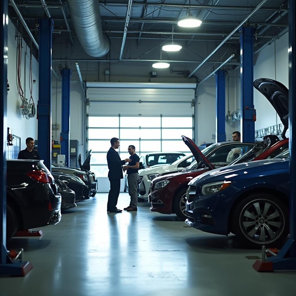 Modern auto service center with mechanics working on vehicles