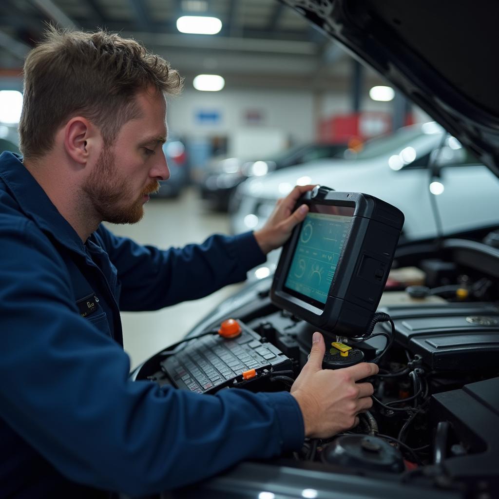 Skilled technician performing car diagnostics