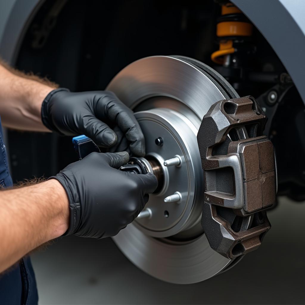 Close-up of a mechanic inspecting car brakes during a 395 service