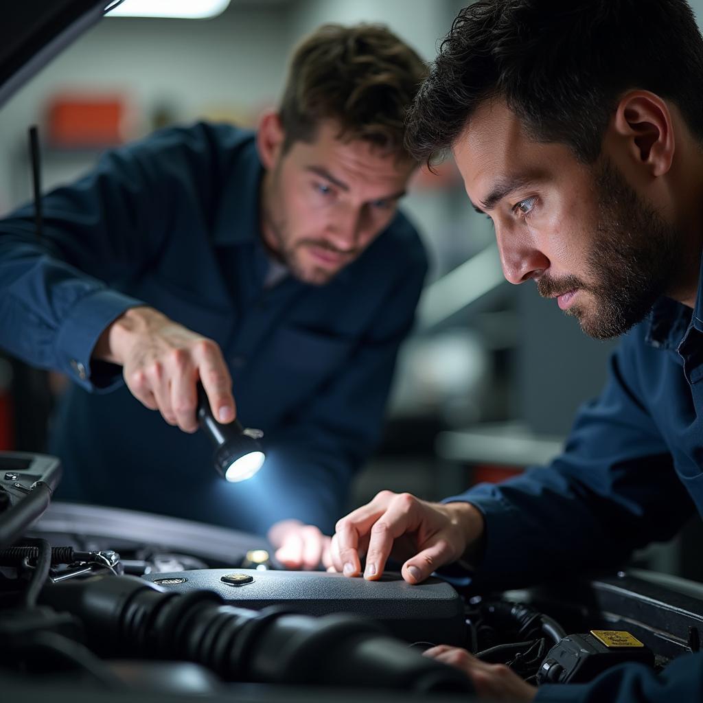 Car engine being inspected during a 395 auto service