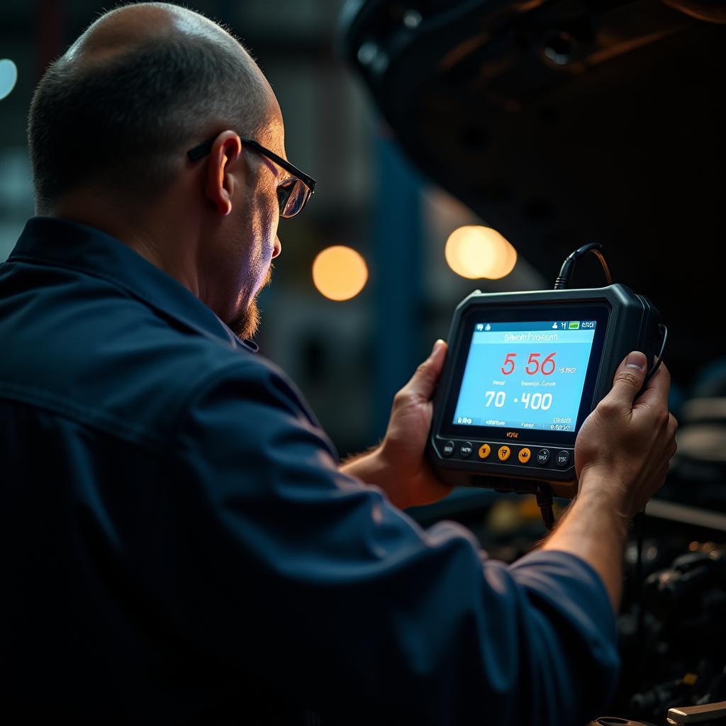 Mechanic using a code scanner to diagnose a car