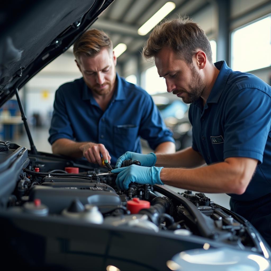 Certified mechanics working on a car at 44 Auto Mart Service Center