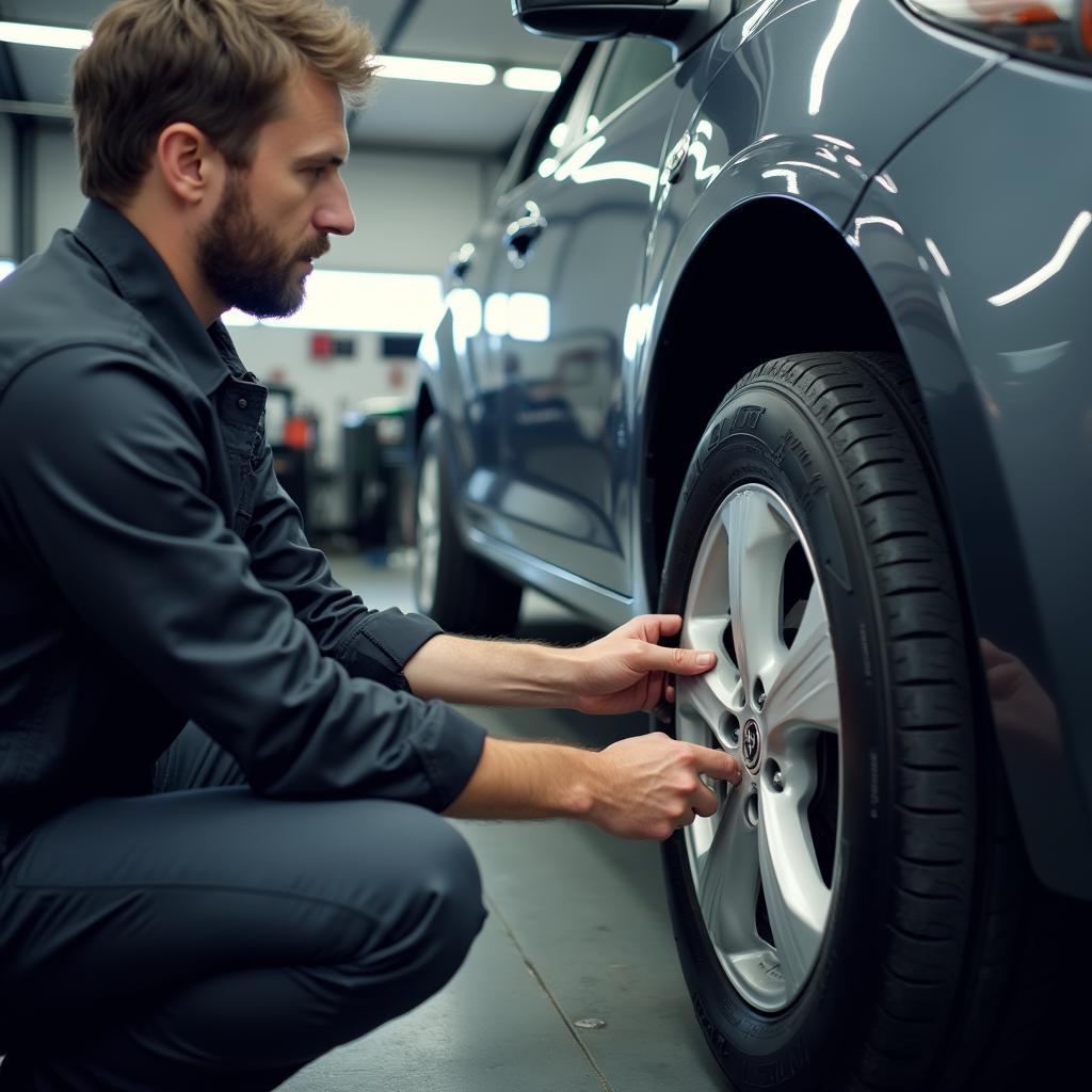 Mechanic inspecting tires in a 49 tire and auto service shop