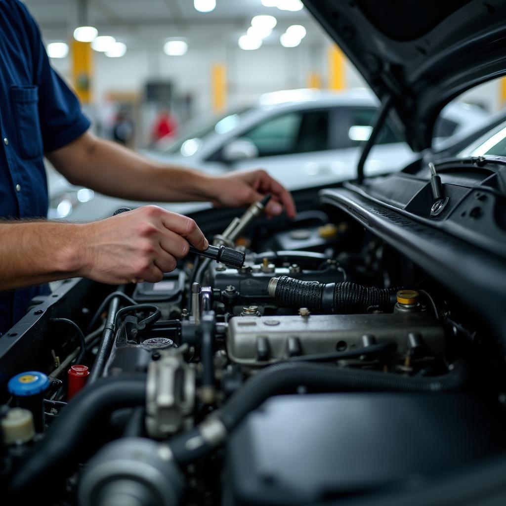 Mechanic working on a car engine in a 770 auto service center