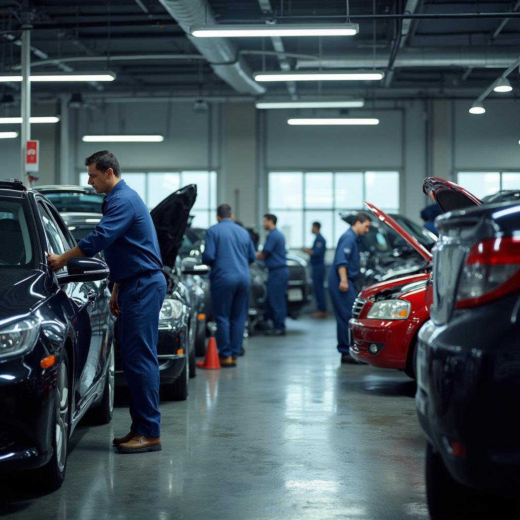 Modern Auto Service Center with Mechanics Working