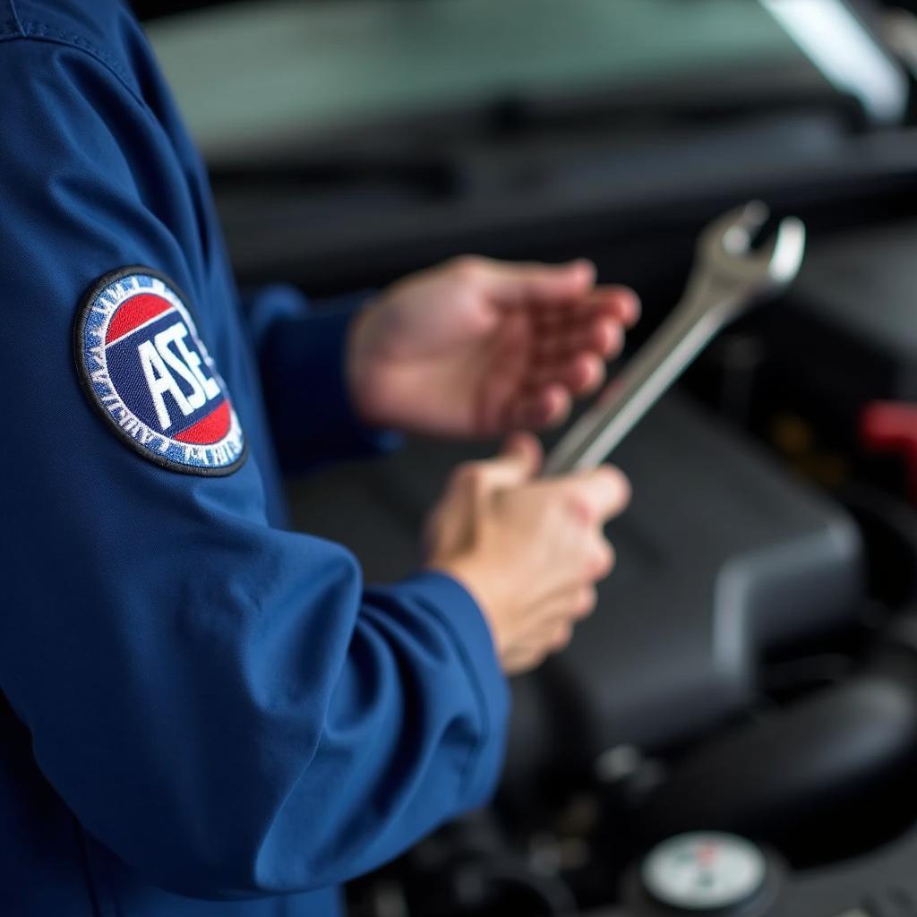 Mechanic with ASE certification in a 908 auto service