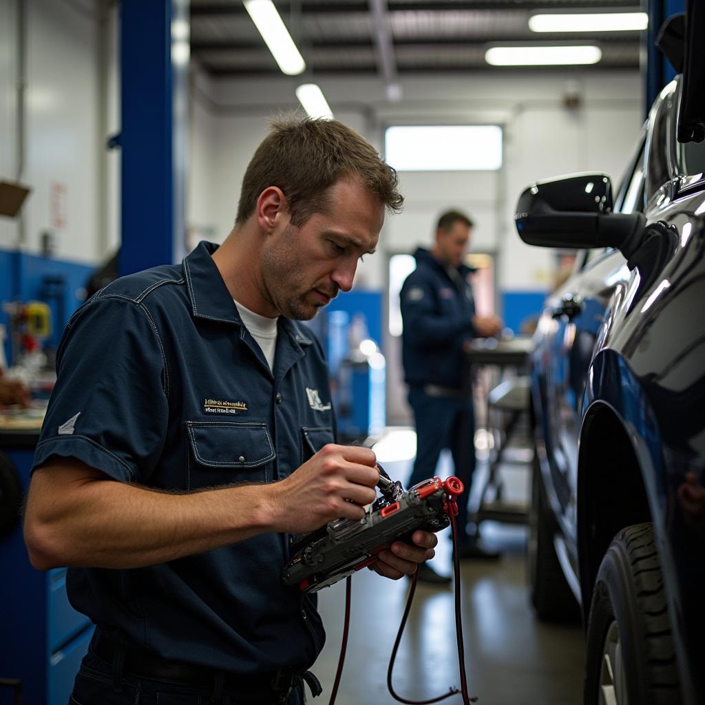 Skilled Auto Mechanics Working on a Vehicle in a Modern Repair Bay