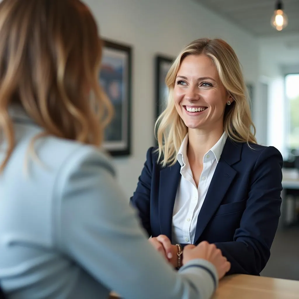 Smiling receptionist greeting a customer at the service center