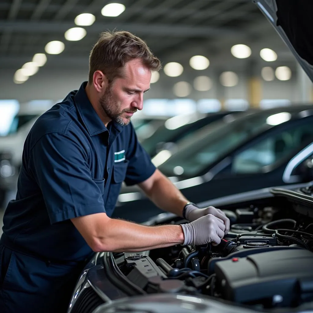 A mechanic carefully inspecting a car during a routine maintenance check