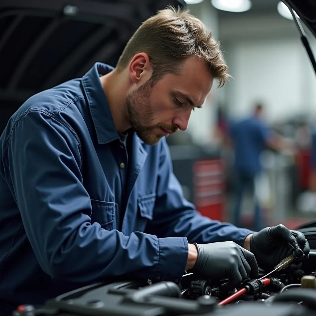 ASE certified technician working on a car