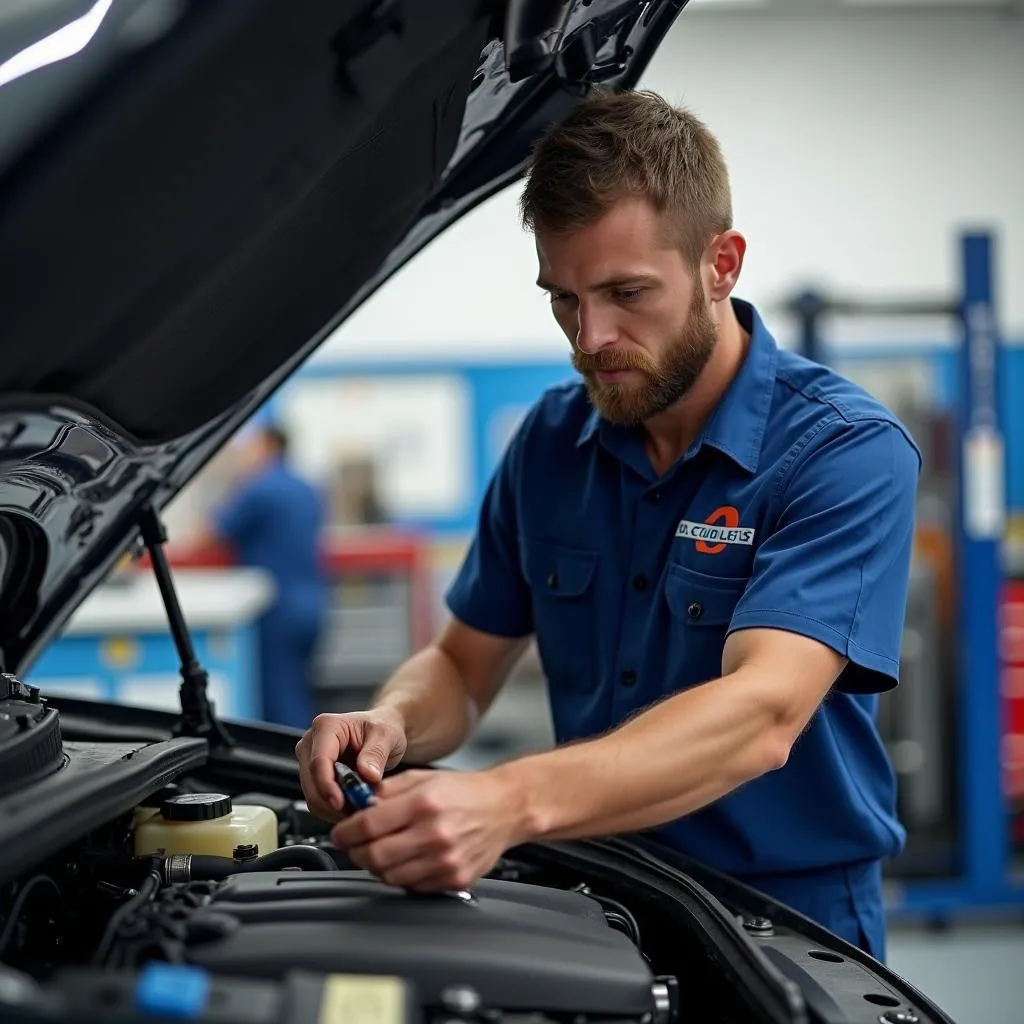 A Plus auto service technician working on a car