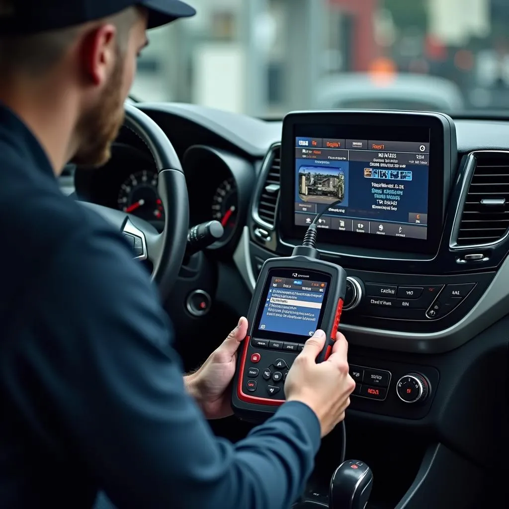 Mechanic using advanced diagnostic tool to analyze car engine