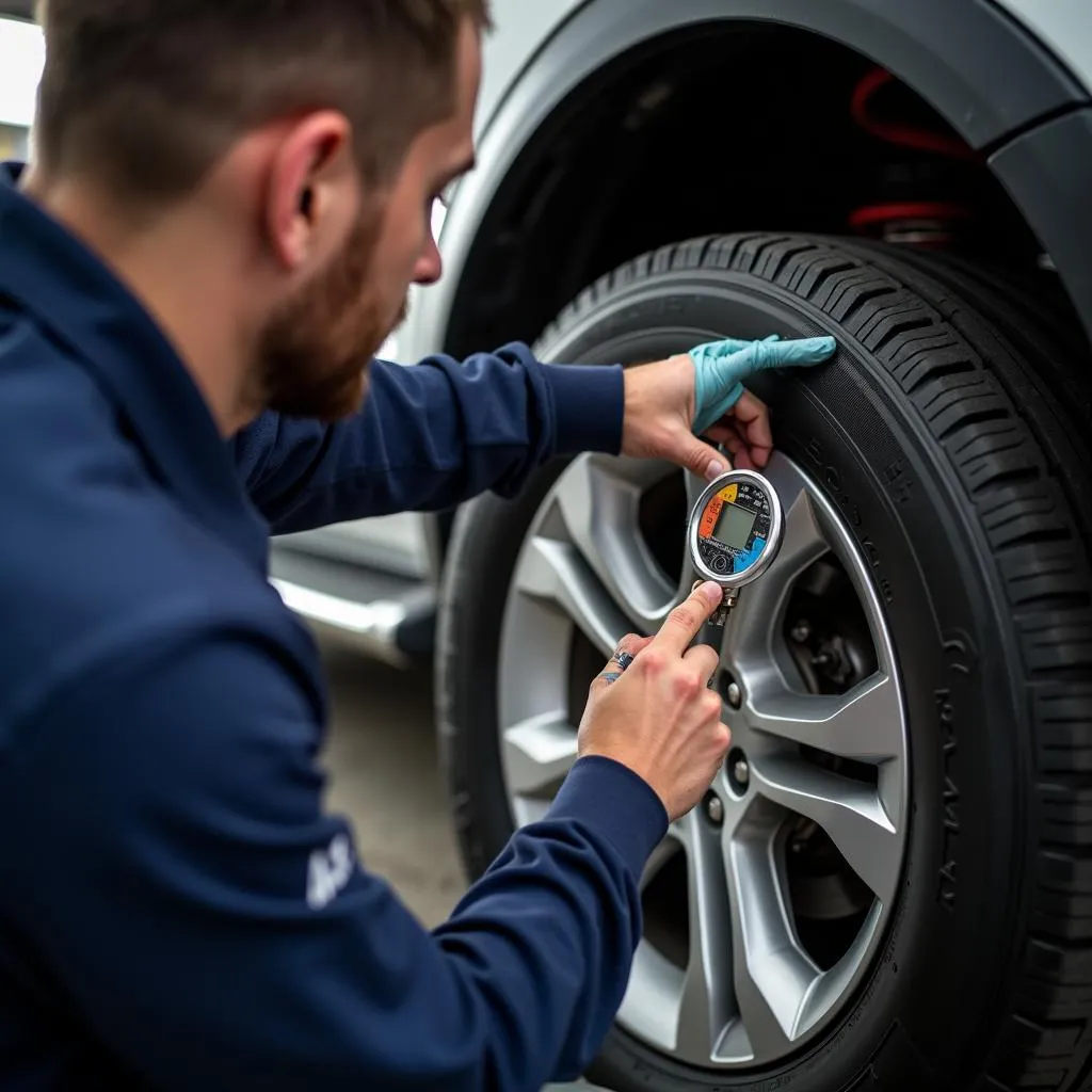 Skilled technician meticulously inspecting car tires