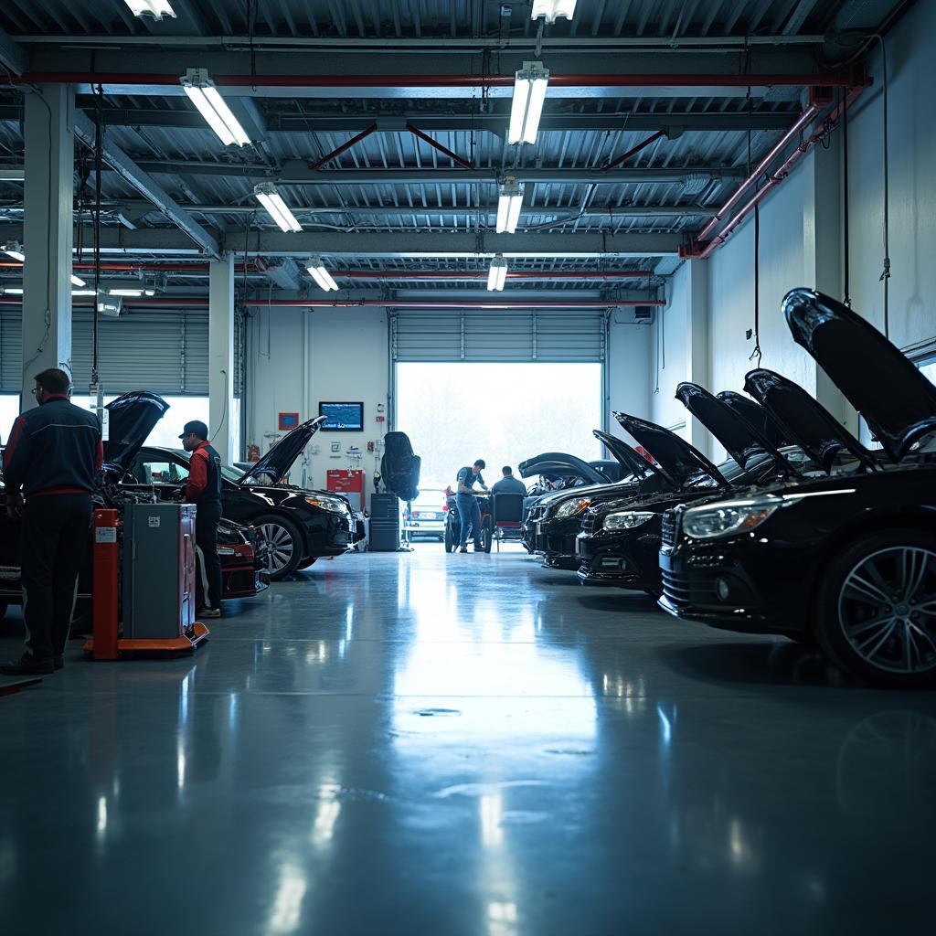 Modern car repair garage with mechanics working on vehicles