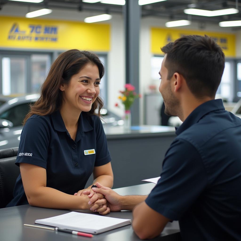 Friendly customer service representative assisting a customer at AA Auto Centre