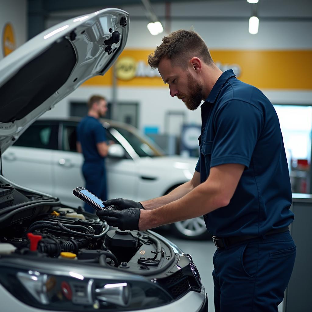 Mechanic inspecting a car in an AA Auto Centre service bay