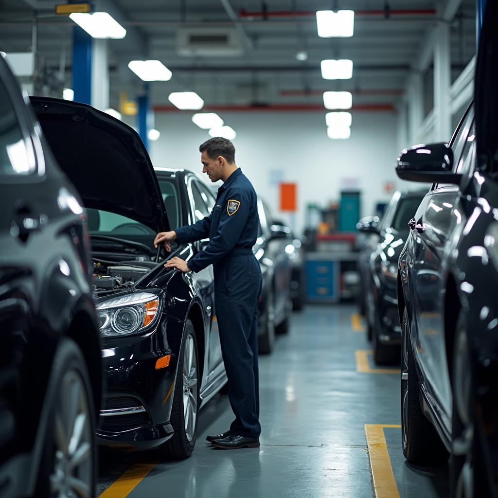 Modern and well-equipped service center with certified technicians working on vehicles