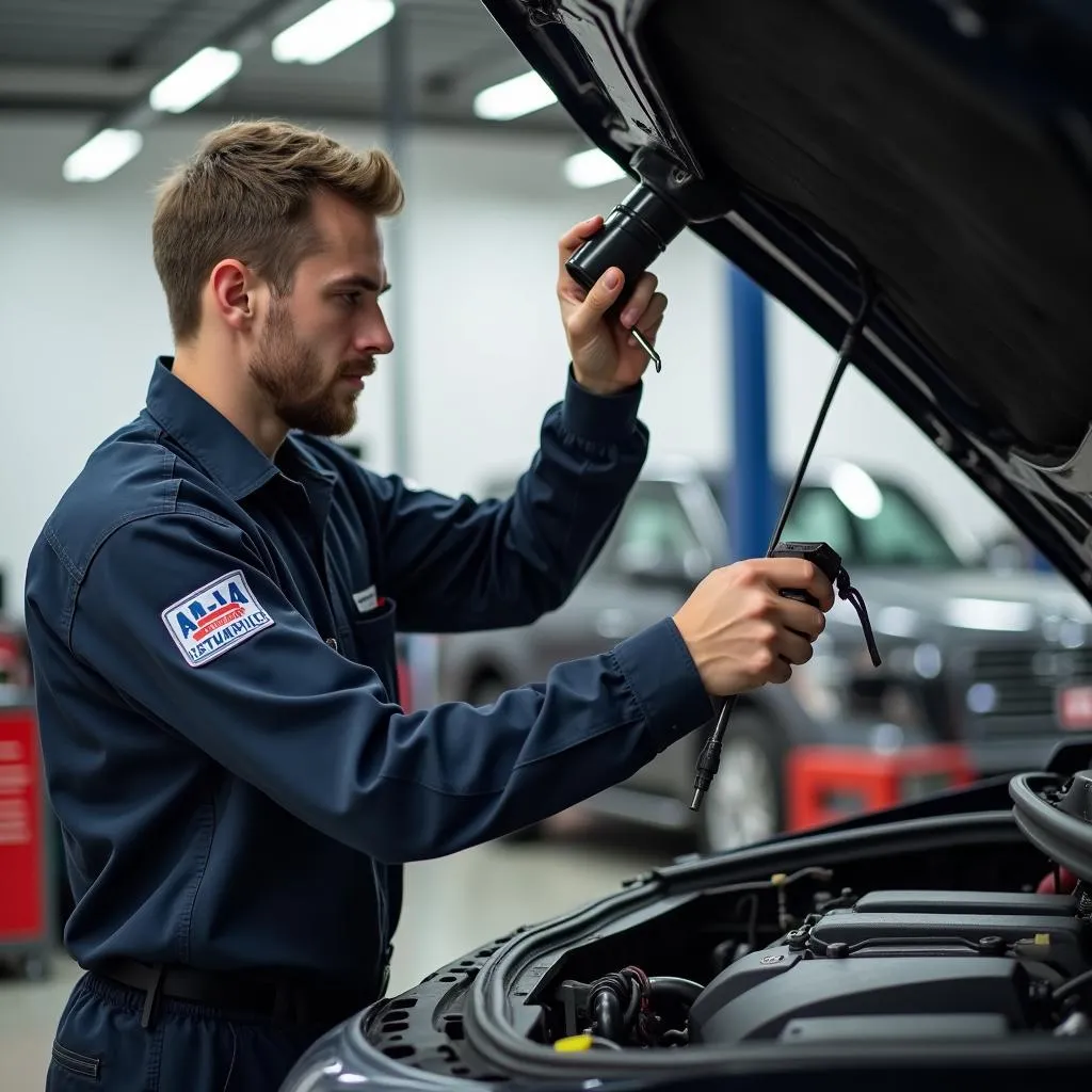 Mechanic Working on a Car in an A-A Certified Shop