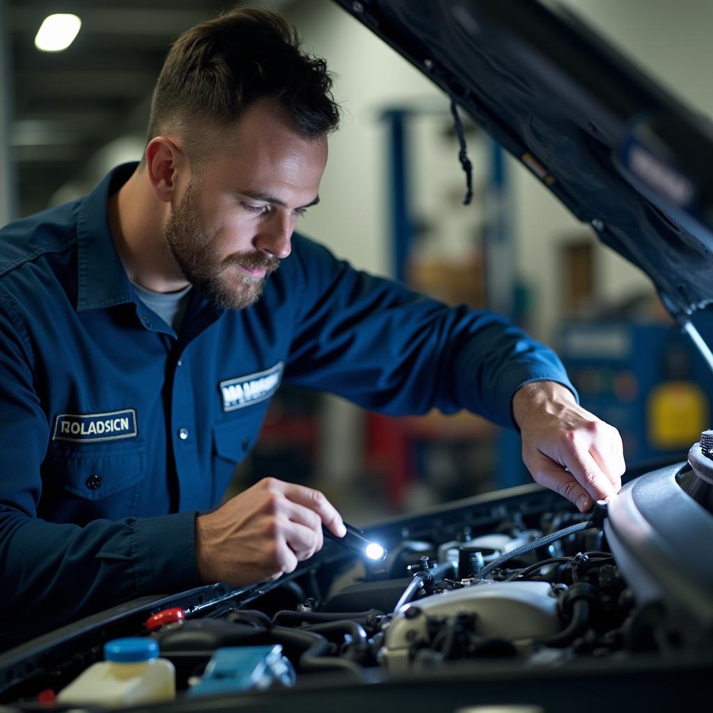 Mechanic inspecting a car engine in an AAA certified auto service center