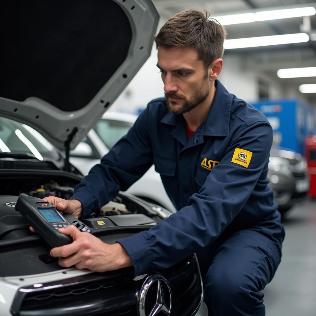 AAA Certified Technician Performing Vehicle Diagnostics