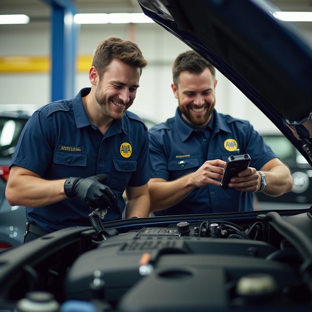 Certified technicians working on a car in the service bay