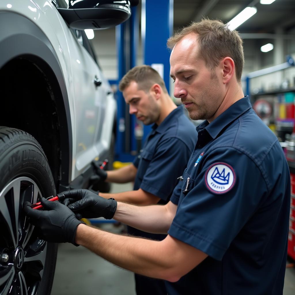 AAA certified technicians working on a car inside the service bay