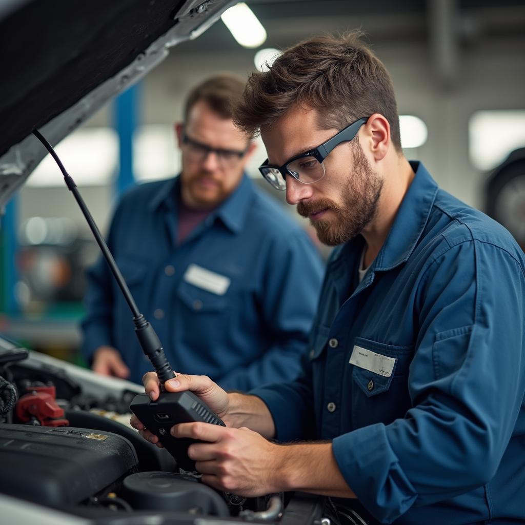 Certified auto technician performing vehicle inspection