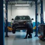 Modern auto service garage with a car on a lift