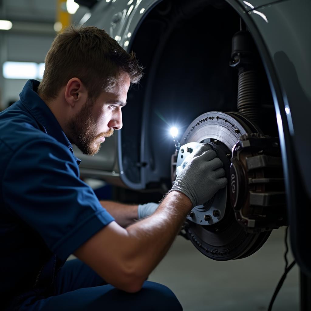 Mechanic inspecting car brakes 