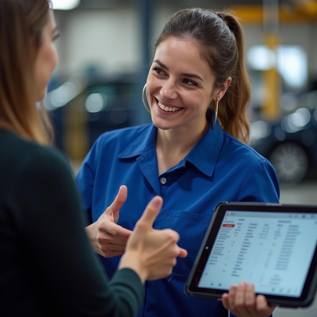 A service advisor explaining car diagnostics to a customer