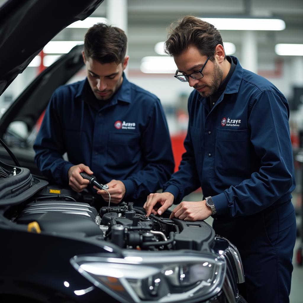 Skilled technicians working on a car engine