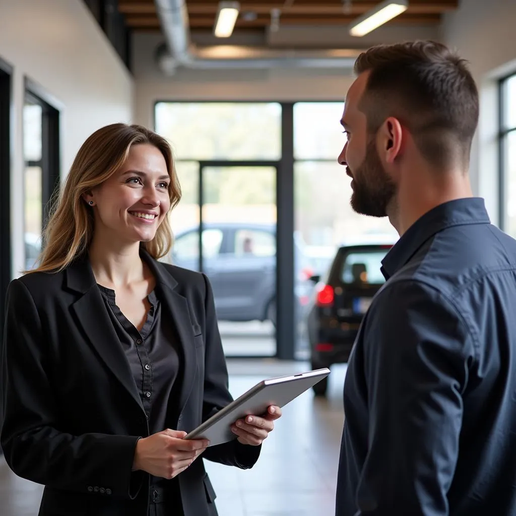 A friendly service advisor discussing car repair options with a customer at an auto service center in North East PA