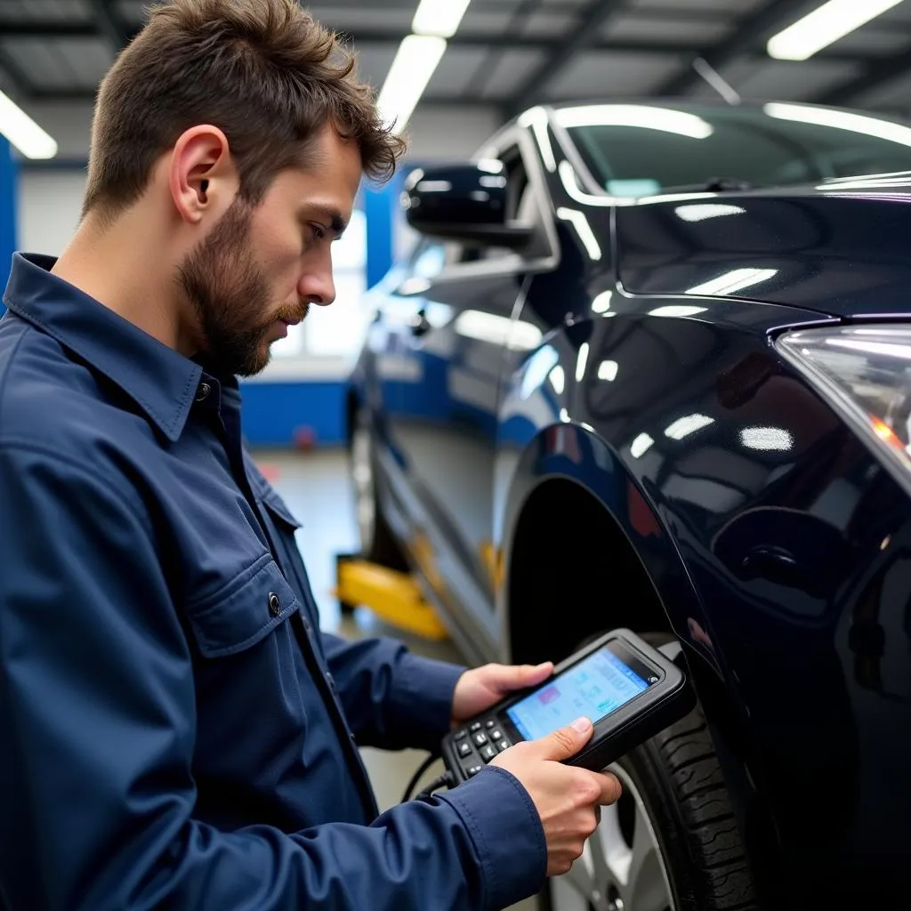 A mechanic using a diagnostic tool to troubleshoot a car engine at an auto service center in North East PA