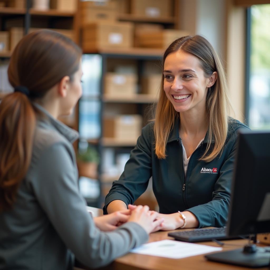 Friendly Abacus customer service representative assisting a customer