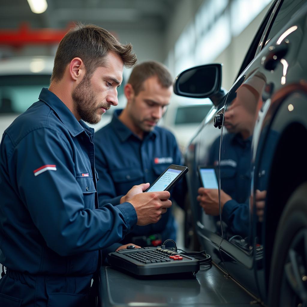 Experienced Abacus auto technicians diagnosing a car using modern equipment