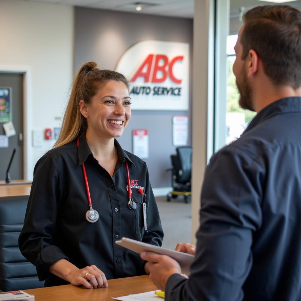 Friendly customer service representative assisting a client at ABC Auto Service Yellowknife