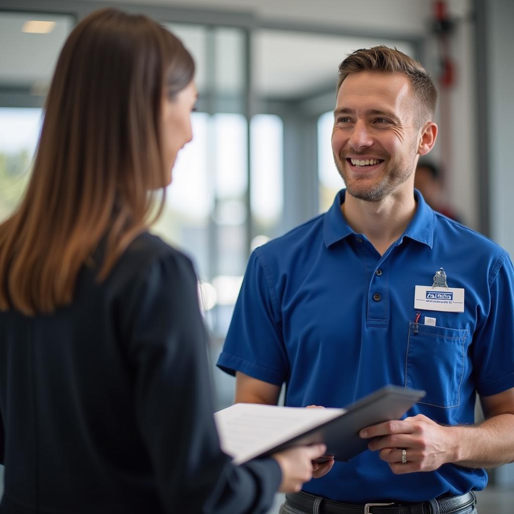 Friendly customer service representative assisting a customer