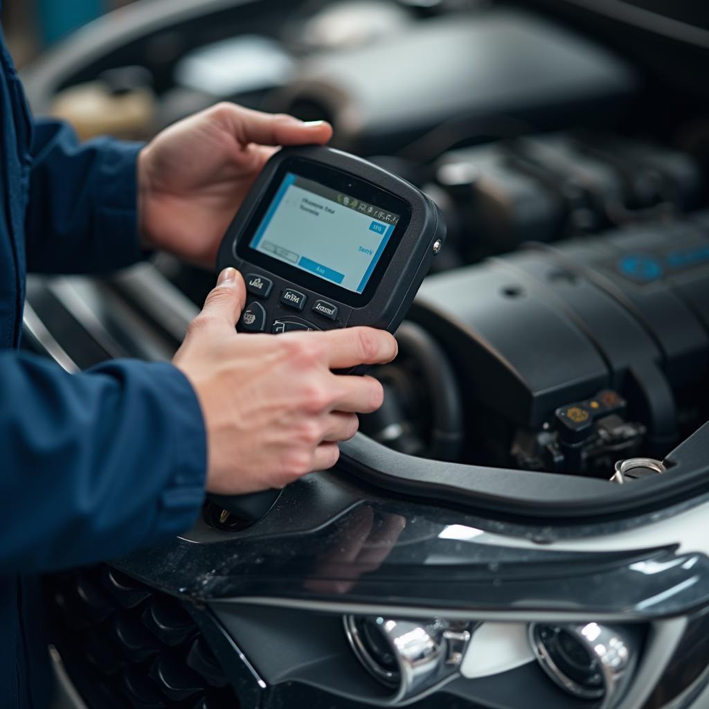 Skilled auto service technician diagnosing a car issue using a diagnostic tool