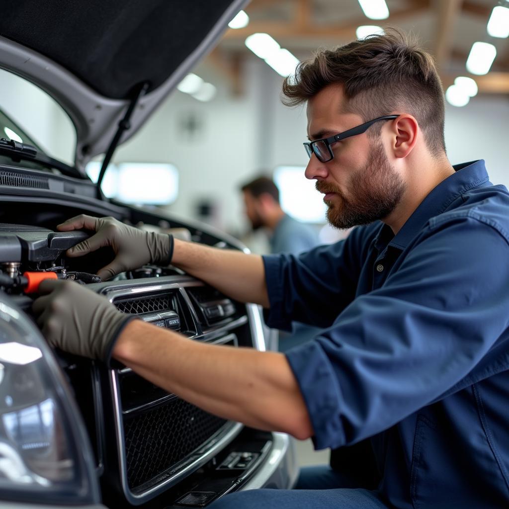 AC Service Technician Working on a Car's AC System