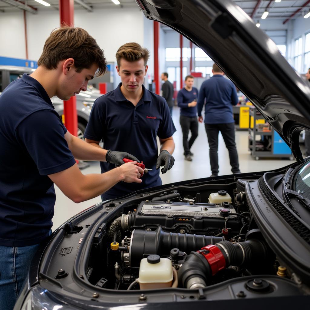 Students Working on Car Engine at Academy Auto Service Winnipeg