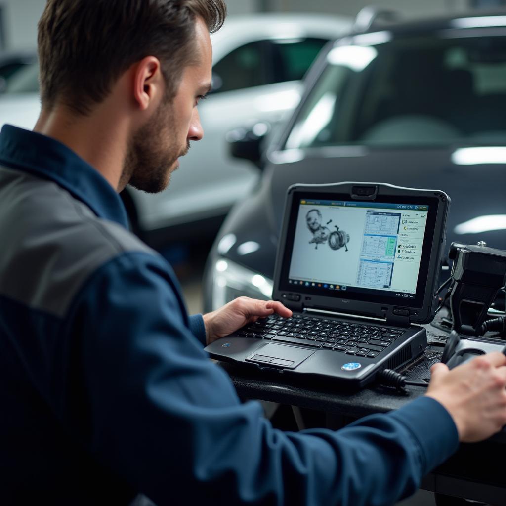 Auto service technician using diagnostic equipment in Livonia