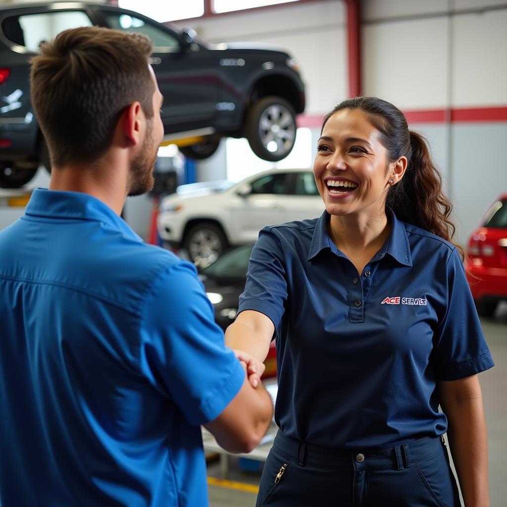 Satisfied customer receiving their car keys at Ace Auto Service in Virginia Beach