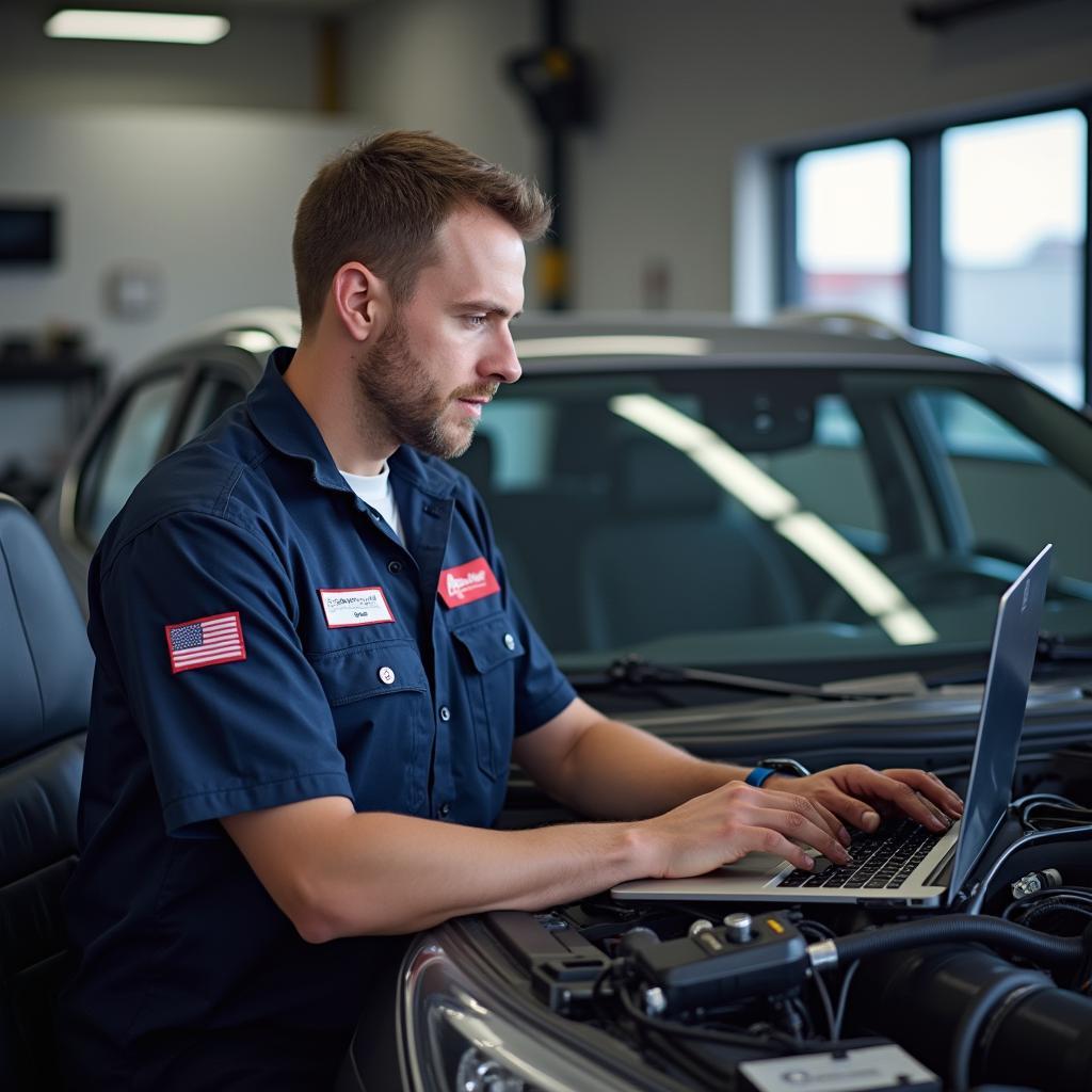 Skilled technician using advanced diagnostic equipment on a vehicle