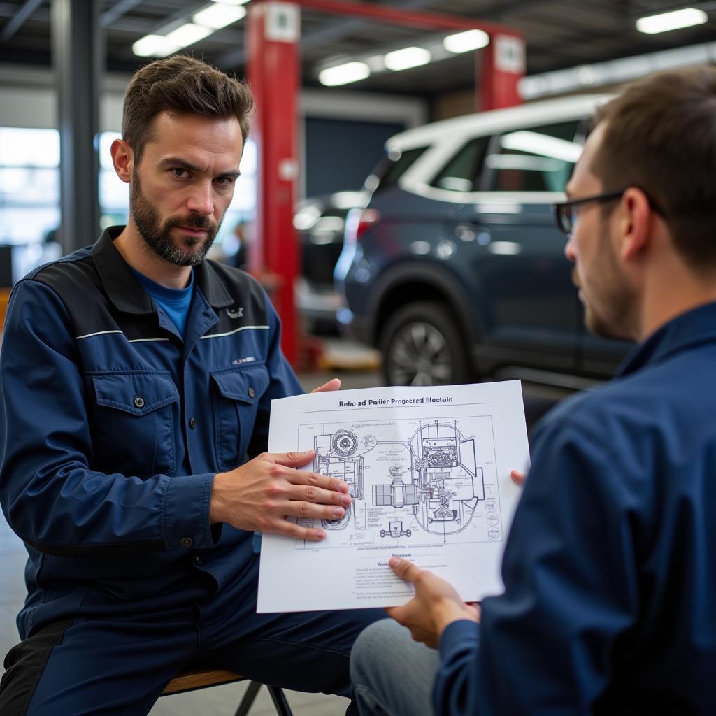 Auto Service Technician Explaining Repairs to Customer