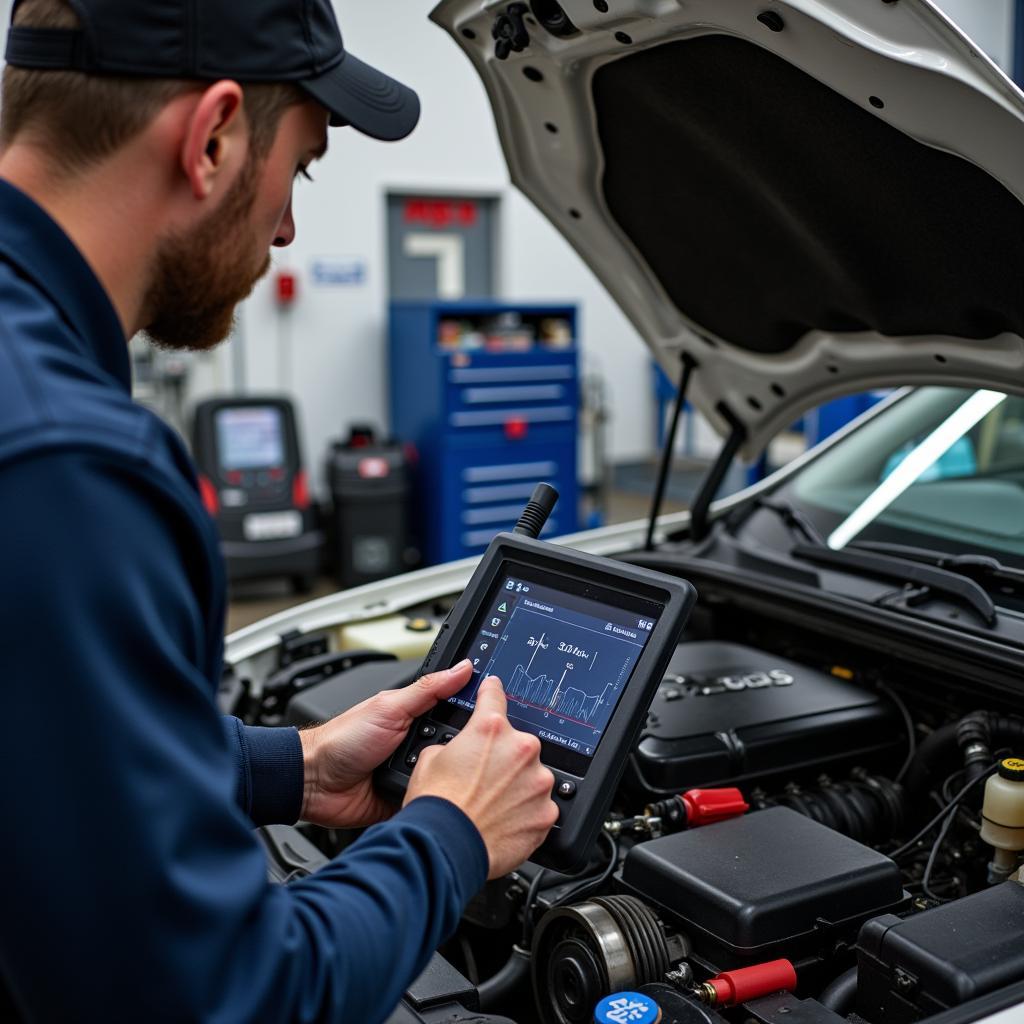  Mechanic performing engine diagnostics at Adam Son Auto Service 