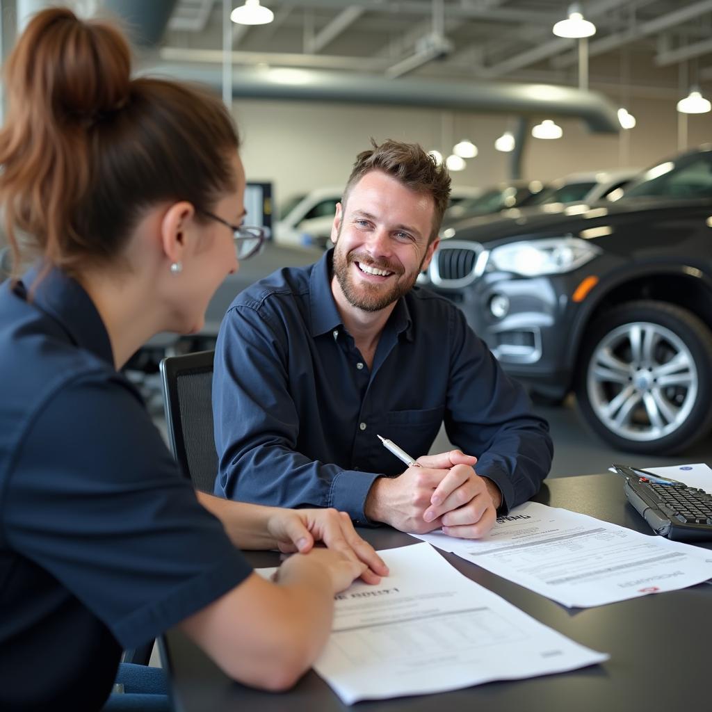 Customer service representative discussing repair options with a client.